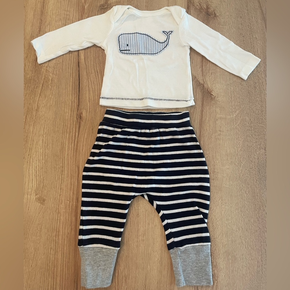 Mudpie Seersucker Whale Appliqué And Stripe Pant Set